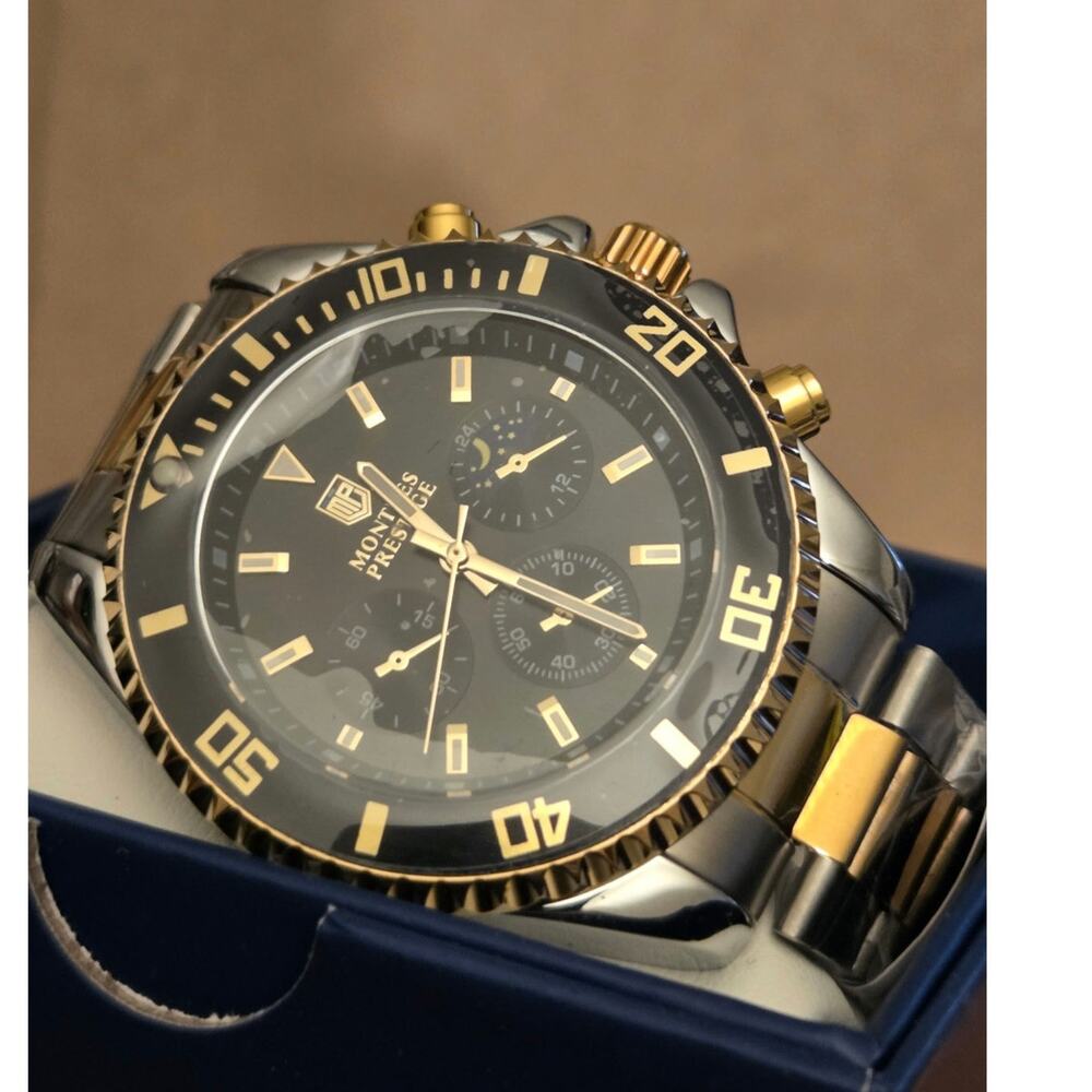 Montres Prestige MPW-0090 42mm Two Tone Quartz Watch Black Gold TMI New Box Tag